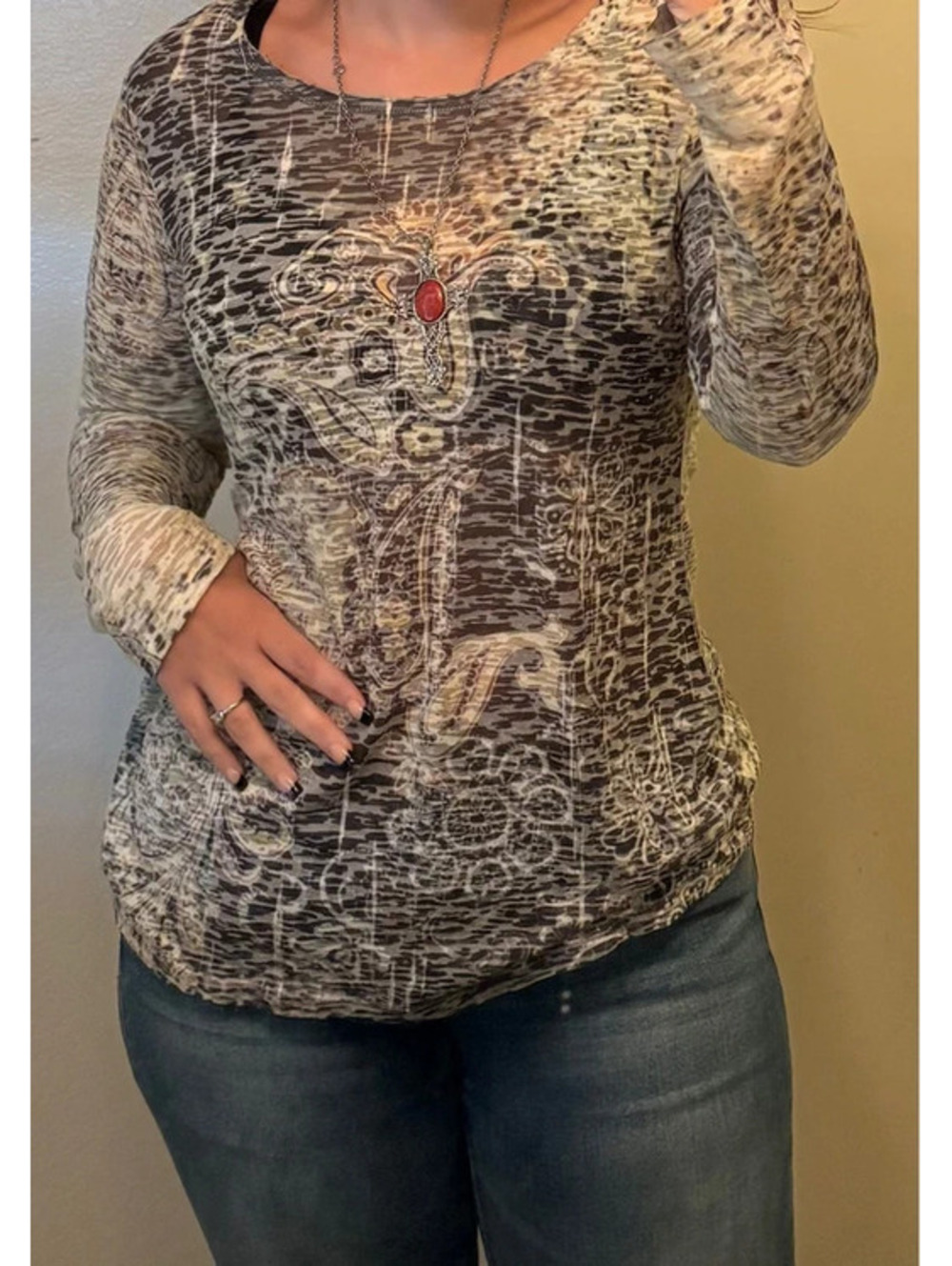 Grunge Edgy Paisley Cream and black See Through Long Sleeve